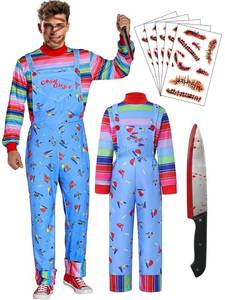 lot 54378 image: Costume Chucky Costume for Adults Men Outfit Women Long Sleeve Overalls Prop Knife Toy Scar Tattoos - M Size - Retail $60