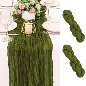 lot 54381 image: 2 Pack 120 Inch Olive Green Cheesecloth Table Runner Boho Rustic Gauze Sheer Romantic 10 FT Long Cheese Cloth Table Runner for Bridal Baby Shower Wedding Party Birthday Holiday Home Easter Decor - Retail $10
