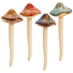 lot 54404 image: Ceramic Outdoor Mushrooms Plant Stakes - 5 in, Assorted Brown, Red, Orange & Green, 4-Pack - Set of Garden Mushrooms for Planter Pots & Indoor & Outdoor Garden Decor - Retail $19