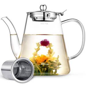 lot 54405 image: Glass Teapot, 1200ml (40oz) Tea Pot with Infuser for Loose Tea and Blooming Tea, Stovetop Safe Tea Kettle, Hand Crafted Borosilicate Glass Tea Maker with Scale Line, Tea Gift Set for Tea Lovers - Retail $20