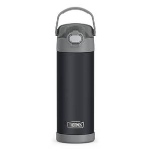 lot 54429 image: THERMOS FUNTAINER 16 Ounce Stainless Steel Vacuum Insulated Bottle with Wide Spout Lid, Matte Charcoal - Retail $20