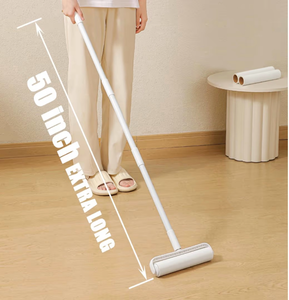 lot 4195 image: Floor Lint Roller Long Handle with Cover and 2 Refills for Pet Hair Extra Sticky Large 9.45 inch Lint Remover for Carpet Bedding Couch (Extra Long Handle & 3 Sticky Rolls) - Retail $19