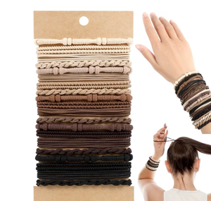 lot 4227 image: OHCISP Boho Hair Ties, 20 PCS of 4 Styles Cute Bands for Thick or Thin Hair, No Damage Elastic Bracelets, Brown Hair Accessories for Girls and Women - Retail $0