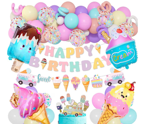 lot 4239 image: 75Pcs Ice Cream Birthday Party Decorations for Girls Kids, Pastel Ice Cream Balloon Garland Arch Kit First Two Sweet Birthday Banner Foil Sprinkle Long Twist Balloons Cupcake Toppers Party Supplies - Retail $0