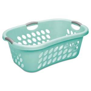 lot 4243 image: 2 Pack-Sterilite Ultra HipHold 1.25 Bushel Plastic Stackable Clothes Laundry Basket Bin. Used See Additional Photos - Retail $30