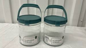 lot 6986 image: Glass Food Storage Containers with Teal Handles - Set of 2