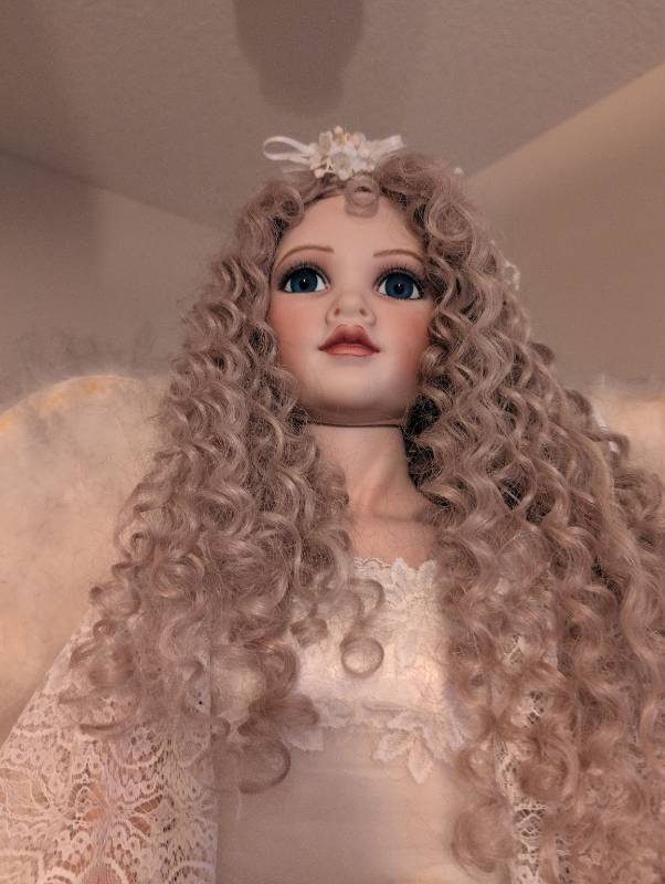 lot 5492 image: RARE 27 Porcelain Doll with Feather Wings and Real Hair in a Lace Dress with Porcelain limbs