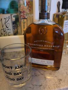 lot 2415 image: Woodford Reserve Bourbon with Good DayBad Day Glass