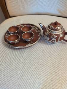 lot 2426 image: Chinese Yixing Clay Tea Set with Silver Dragon Overlay