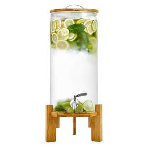 lot 1307 image: Beverage Dispenser 2.9 Gallon with Spigot Glass Water Dispenser for Parties, Bars, Restaurants 11L with Wood Stand Drink Dispensers - Retail $80