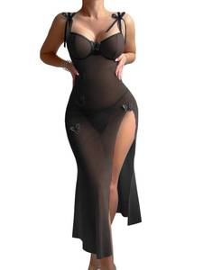 lot 1320 image: Butterfly Split Leg Underwire Sheer Mesh Maxi Lingerie Dress with Thong 2 Piece Set, See Through Long Chemise Negligee Outfits Black Small - Retail $26