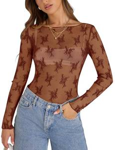 lot 1321 image: KTILG Mesh Long Sleeve Shirt Club for Women Sexy Clubwear See Through Tops Boat Neck Lace Blouse Sheer T-Shirt Brown M - Retail $15