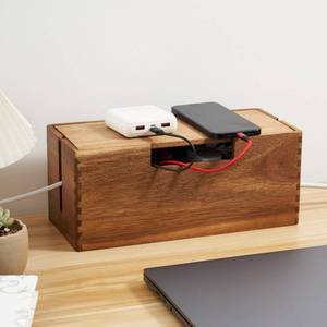 lot 1323 image: Acacia Wood Cable Management Box, Wooden Cord Hider & Organizer for Power Strip, Electrical Hiding, TV Wires, Desk & Floor Cables - Retail $30