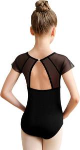 lot 1332 image: Babene Girls Black Mesh Leotard for Dance Short Sleeve Ballet Outfit, Hollow Back, Waist splicing(ZF257141-06-XL) - Retail $20