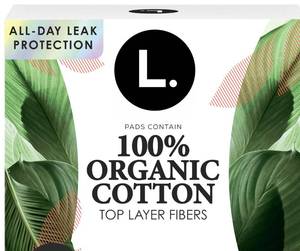 lot 1334 image: L. Ultra Thin Pads for Women, Regular Absorbency, Organic Cotton Top Layer, Unscented Pads with Wings, 56 Count - Retail $14