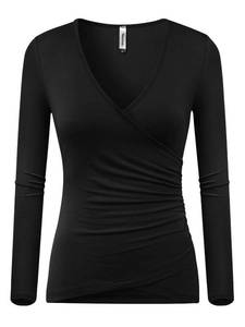lot 1347 image: Beauhuty Womens Fitted Shirts Deep V Neck Ruched Tops Front Surplice Wrap T-Shirt Long Sleeve Tees (S, Long-Black) - Retail $15