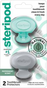 lot 1360 image: Steripod Clip-On Toothbrush Protector with Peppermint Oils, Keeps Toothbrush Fresh and Clean, Travel, Fits Most Manual and Electric Toothbrushes, 2 Count - Retail $6