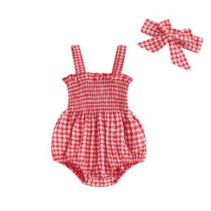 lot 1376 image: FOMOYUU Newborn Baby Girl Romper Summer Sleeveless Smocked Cotton Linen Clothes Outfit with Headband (Red Plaid, 6-12 Months) - Retail $15