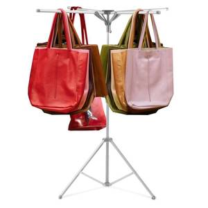 lot 1379 image: Metal Shopping Bag Rack 51-71 Inch Adjustable Height Heavy Duty Bag Display Stand Holder, 4 Foldable Arms (Gray) - Retail $40