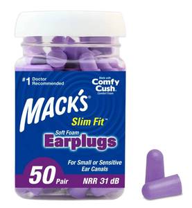 lot 1380 image: Macks Slim Fit Soft Foam Earplugs, 50 Pair - Small Ear Plugs for Sleeping, Snoring, Traveling, Concerts, Shooting Sports & Power Tools  Made in USA - Retail $15
