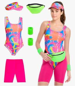 lot 1385 image: TobWeaL Womens 80s Workout Costume Outfit 80s 90s Accessories Set - Leotard Neon Halloween Cosplay Set.(Pink, Medium) - Retail $33