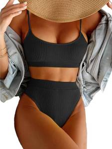 lot 1395 image: Petite High Waisted Tummy Control Bikini Ribbed Sporty Brazilian Swimsuit Set, Push Up Top 2 Piece Bathing Suit Black X-Small - Retail $38