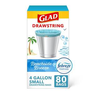 lot 1397 image: Glad Small Trash Bags 4 Gallon, Febreze Beachside Breeze Garbage Bags, Odor Resistant with Drawstring, 80 Count - Retail $11
