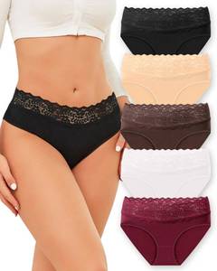 lot 1413 image: ROSYCORAL Cotton Underwear for Women Lace Trim Briefs Soft Low Rise Ladies Stretchy Hipster Bikini Panties 5 Pack (XL) - Retail $13