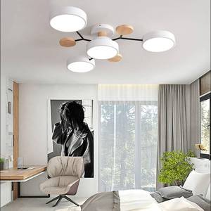 lot 1419 image: Dimmable LED Flush Mount Ceiling Light Fixture with 3000K-6000K Light Color Adjustable,32W 26Inch Chandelier Modern Wooden Ceiling Lamp,4-Lights, White Pendant Light - Retail $79