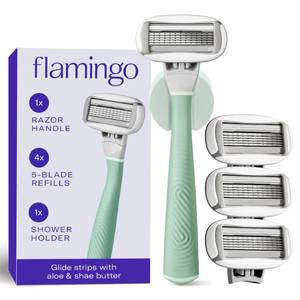 lot 1425 image: Flamingo Shaving Razor Set for Women - Original Razor Handle, 4 Blade Refills, and Shower Holder - Sage - Retail $29