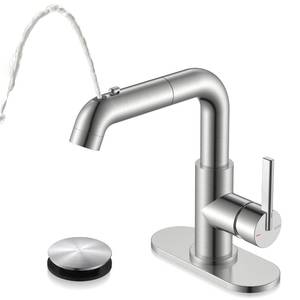 lot 1452 image: KENES Single Hole Bathroom Faucet with Pull Out Sprayer, Brushed Nickel Single Handle Pull Down Bathroom Faucets, Vanity Faucet with Pop Up Drain & Deck Plate, LJ-9055A - Retail $69