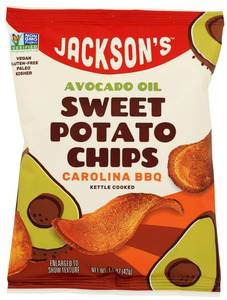 lot 1454 image: Jacksons Chips Sweet Potato Chips Avocado Oil Carolina Barbeque Flavor Kettle Cooked, Vegan, Gluten Free, Non GMO, Paleo and Kosher Friendly, 2.5 Ounce, Pack of 8