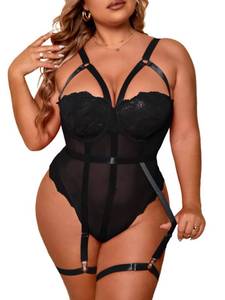 lot 1455 image: OYOANGLE Womens Plus Size Ring Linked Cut Out Sheer Mesh Teddy Bodysuit Garter Lingerie Set Black 1XL - Retail $20