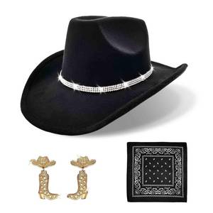 lot 1462 image: Rhinestone Cowboy Hat and Earring Set with Bandana, Western Cowgirl Boots Earrings and Felt Fedora for Women Men Rodeo Outfit (Rhinestone Band, Black) - Retail $15