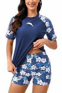 lot 1473 image: Halcurt Women Short Sleeve Rash Guard Set Swim Shirt Shorts Swimsuits with Sleeves Navy Floral L - Retail $30