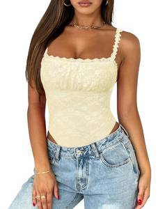 lot 1474 image: Saslax Womens Sexy Square Neck Lace Sleeveless Bodysuit Tank Tops Double Lined Thong Body Suit Going Out Outfits Light Yellow M - Retail $29