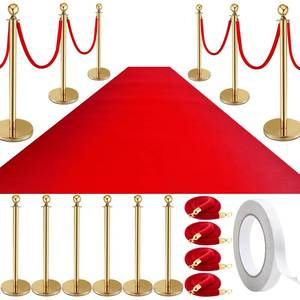 lot 1476 image: Pelopy Stanchion Posts Queue Crowd Control Stanchion Velvet Ropes Carpet Set, 38 in Post Sand Injection Hollow Base with Rope, Carpet (12 Pcs,Gold,26 ft Carpet) - Retail $137