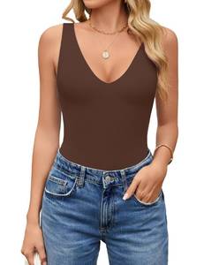 lot 1484 image: Avidlove Womens Plunge Sleeveless Body Suits Sexy Deep V Neck Bodysuit Thong Going Out Tank Bodysuits (Brown, L) - Retail $20
