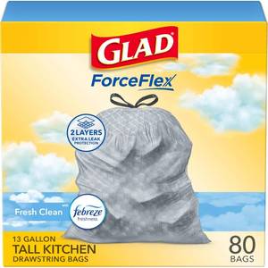 lot 1603 image: Glad ForceFlex Tall Kitchen Drawstring Trash Bags, 13 Gal, Fresh Clean, 80 Ct (Package May Vary)