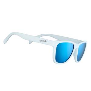 lot 1606 image: goodr Iced By Yetis Polarized Sunglasses, Medium Sized (OG), White Solid Frame with Blue Mirrored Reflective Lens, UV400 Protection, No Slip, No Bounce