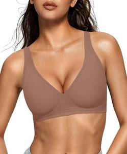 lot 1608 image: OEAK Womens Deep V Bras Wireless Comfortable Bra Supportive No Underwire Bras Tshirt Push Up Bralettes Plunge Seamless Bra Coffee L