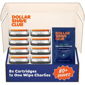 lot 1641 image: Dollar Shave Club  6 Blade Razor Refills (8 Pack)  6 Stainless Steel Blades for a Close & Comfortable Shave, 1 One Wipe Charlies