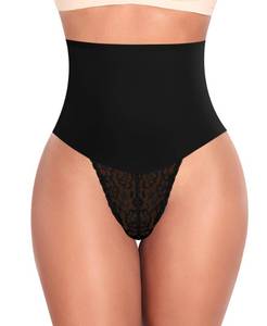 lot 1644 image: Werena Tummy Control Thong Shapewear for Women Mid High Waisted Body Shaper Underwear Lace Shaping Thong Girdle Panties(Mid Rise Black,Large)