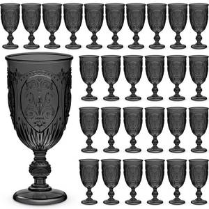 lot 1651 image: Wiwiqing 48 Pcs Plastic Goblets 7.5oz Vintage Goblet Plastic Wine Glasses Colored Retro Embossed Water Goblets for Wine Bar Juice Baby Shower Wedding Reception Grand Event Party (Black) Retail- $83