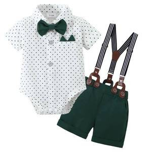 lot 1713 image: YALLET Baby Boy Clothes Suit Infant Boy Gentleman Outfits Dress Romper ShirtBowtieSuspender Shorts(Green Dot, 6-12 Months)