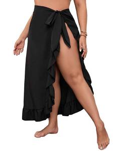 lot 1716 image: OYOANGLE Womens Plus Size Beach Sarong Swimsuit Cover Ups Ruffle Hem Knot Side Wrap Long Maxi Skirts Black 2XL