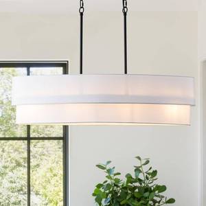 lot 1719 image: DWLGIGH 33.4 Modern Dining Room Chandelier, 4-Light Linear Chandelier with White Double Oval Linen Shade Large Hanging Pendant Light for Over Table Entryway Foyer Kitchen Island Light Fixture, E26 Retail- $75