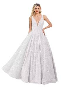 lot 1729 image: Rjer V Neck Sequin Prom Dresses White Ball Gowns Sparkly A Line Wedding Evening Party Gowns White Size 8