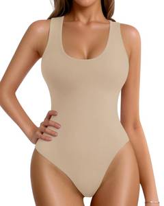 lot 1748 image: MANGOPOP Tank Top Scoop Neck Bodysuits for Women Sleeveless Racerback Ribbed Basic Body Suit Going Out Tops, Tank Top Light Camel, Large
