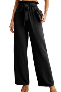 lot 1760 image: IWOLLENCE Womens Wide Leg Pants with Pockets High Waist Adjustable Knot Loose Casual Trousers Business Work Casual Pants Black X-Large